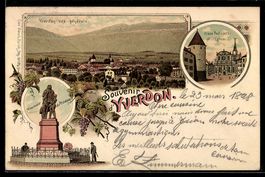 Lithographie Yverdon, Vue générale, Place Pestalozzi et l`Eg
